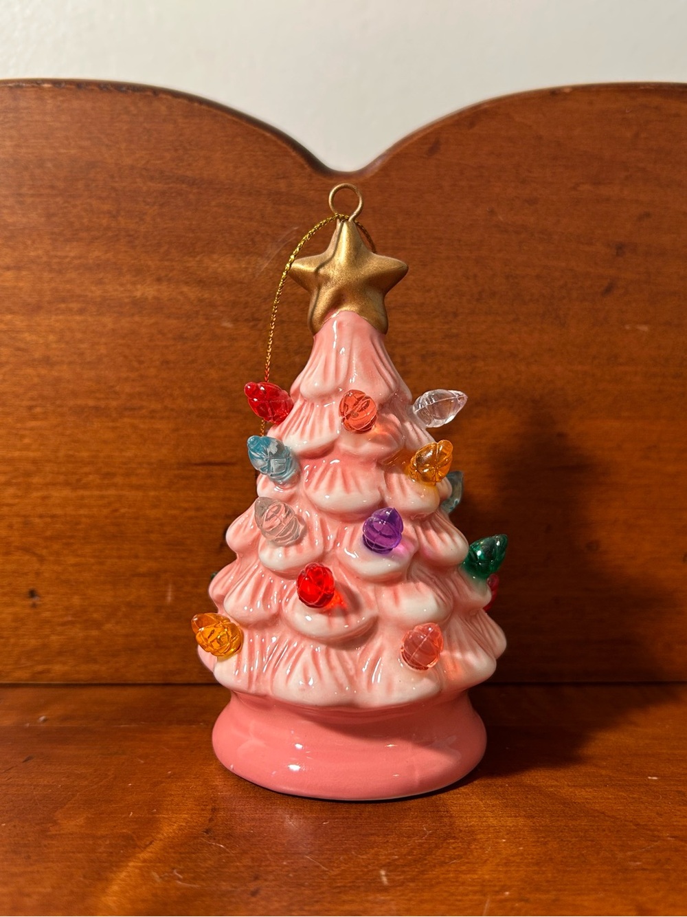 Pink Ceramic Holiday Tree Ornament with Multicolor Lights